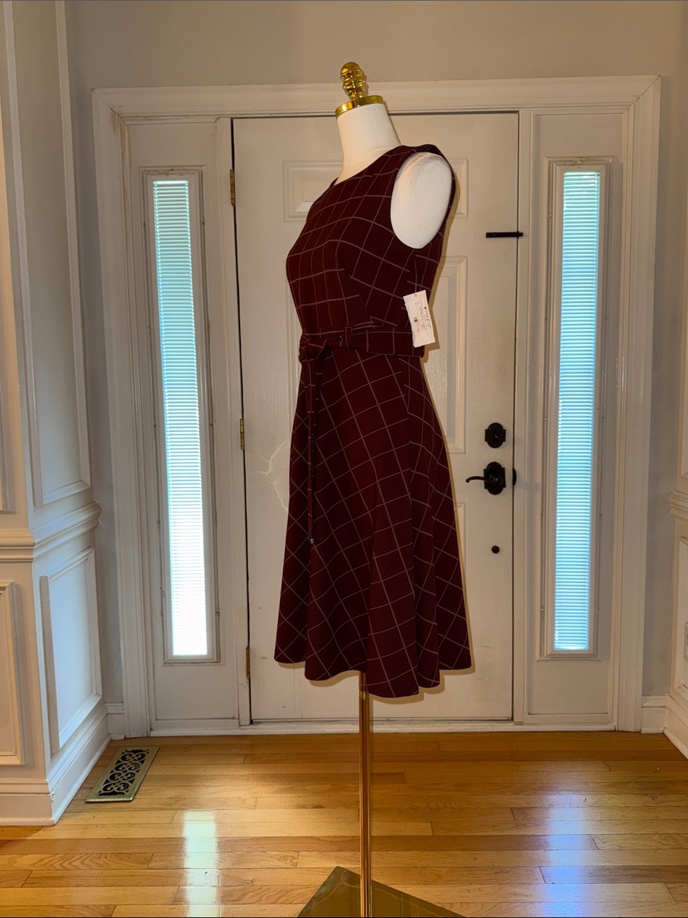 Calvin Klein Burgundy Windowpane Midi Dress with Tie Belt - Picture 5 of 7